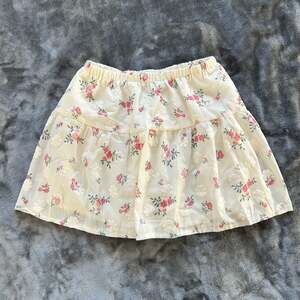 Floral Embroidered Skirt White Pink Flowers Tiered Lined Elastic WaistD42